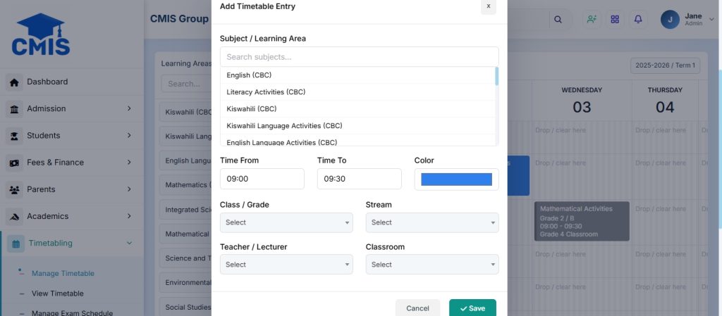 Add Timetable screenshot