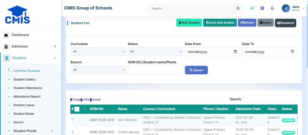 Admissions screenshot