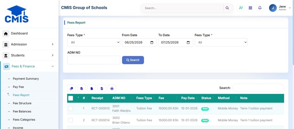 Fee Reports screenshot
