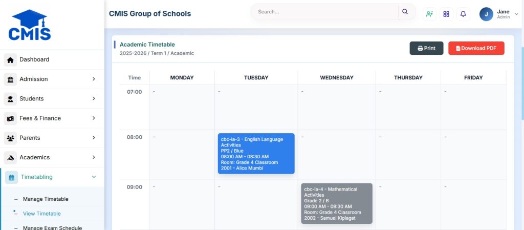 Timetable screenshot